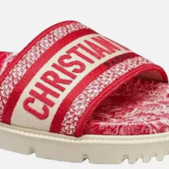 Christian Dior Dway Red Logo Toile De Jouy Platform Slide Mule Flat Sandal - Picture 2 of 3